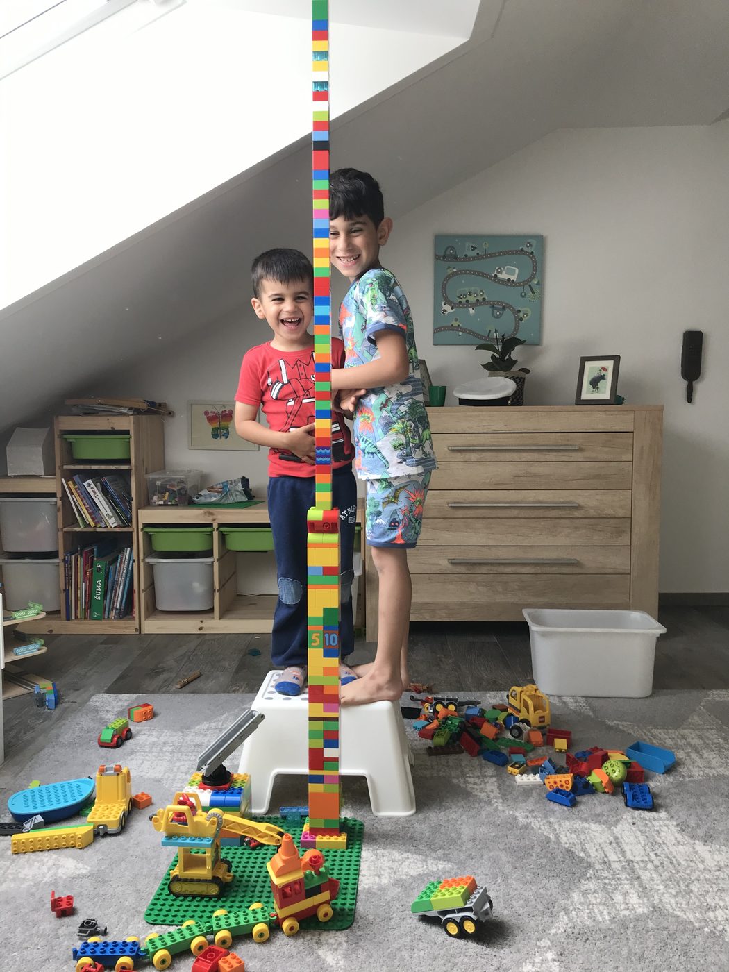 Two brothers building a block tower all the way up to the ceiling