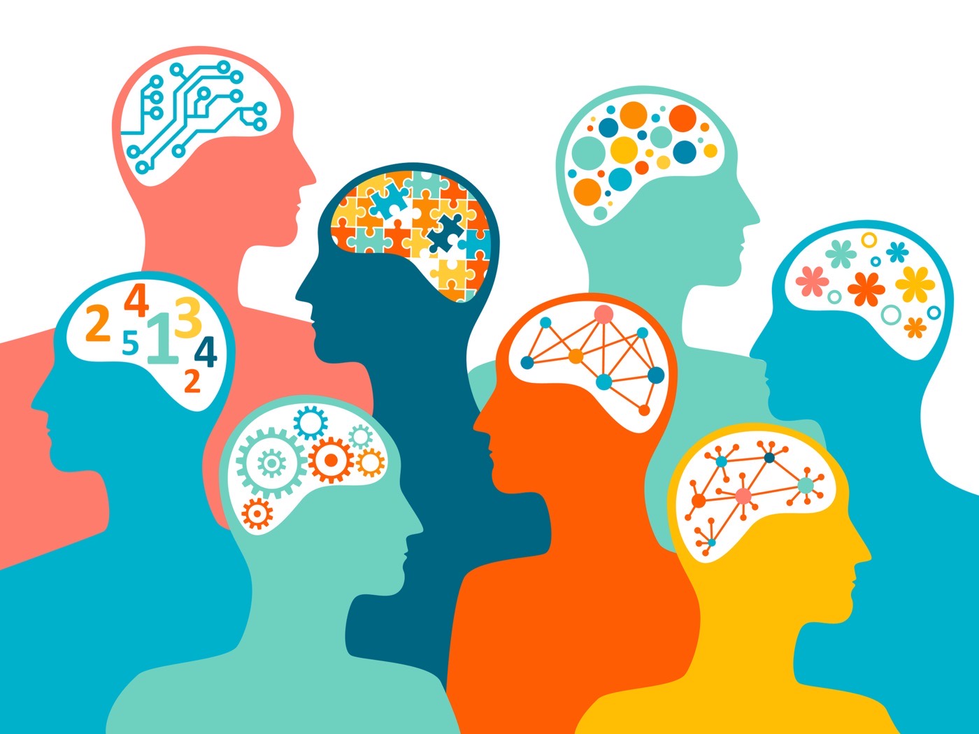 Illustration: heads with different ways of thinking – every brain works differently
